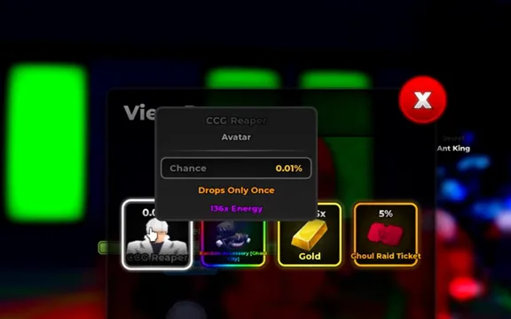 CCG Reaper View Drops panel: 0.01% avatar (136x Energy, drops only once), 100% Random Accessory [Ghoul City], Gold and a 5% Ghoul Raid Ticket