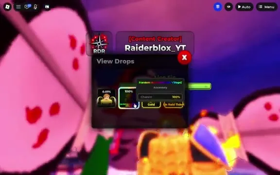 Lion Sin's in-game View Drops panel: 0.01% avatar, 100% Random Accessory [Sin Village], Gold and a 5% Sin Raid Ticket