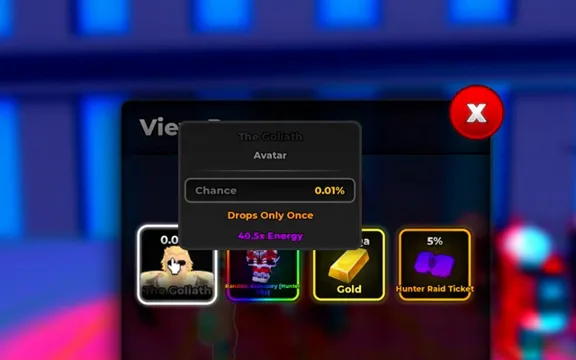 The Goliath View Drops panel: 0.01% avatar (40.5x Energy, drops only once), 100% Random Accessory [Hunter City], Gold and a 5% Hunter Raid Ticket