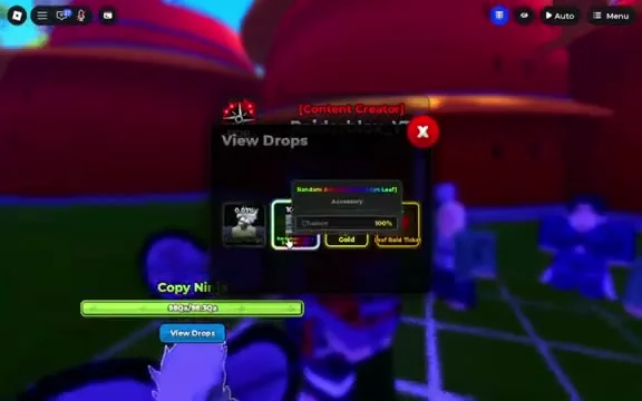 The Copy Ninja's in-game View Drops panel: 100% accessory, Gold and raid ticket